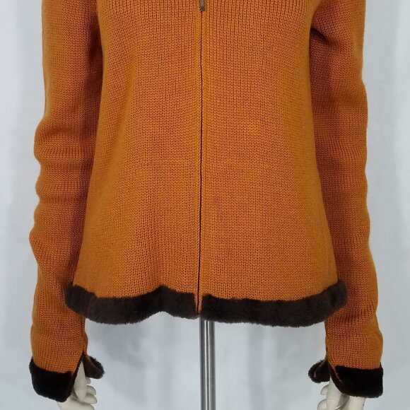 Carlisle burnt orange full zip 100% Merino wool cardigan faux fur trim Small - Picture 3 of 10